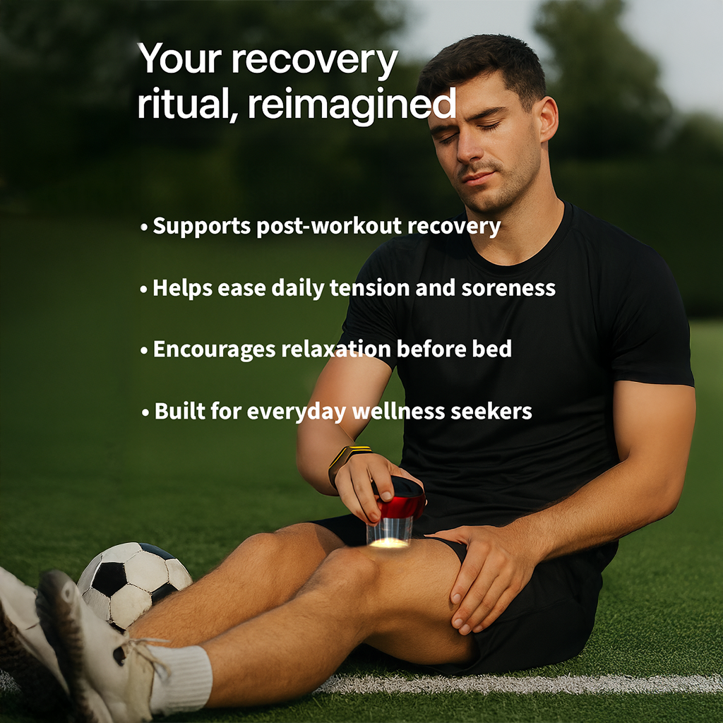 Person applying RellaCup™ while seated for targeted tension support